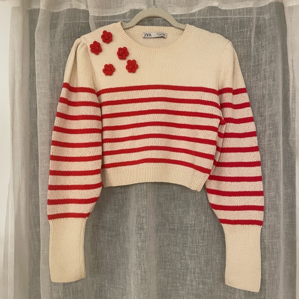 Zara Cropped Striped Rosette Red Sweater